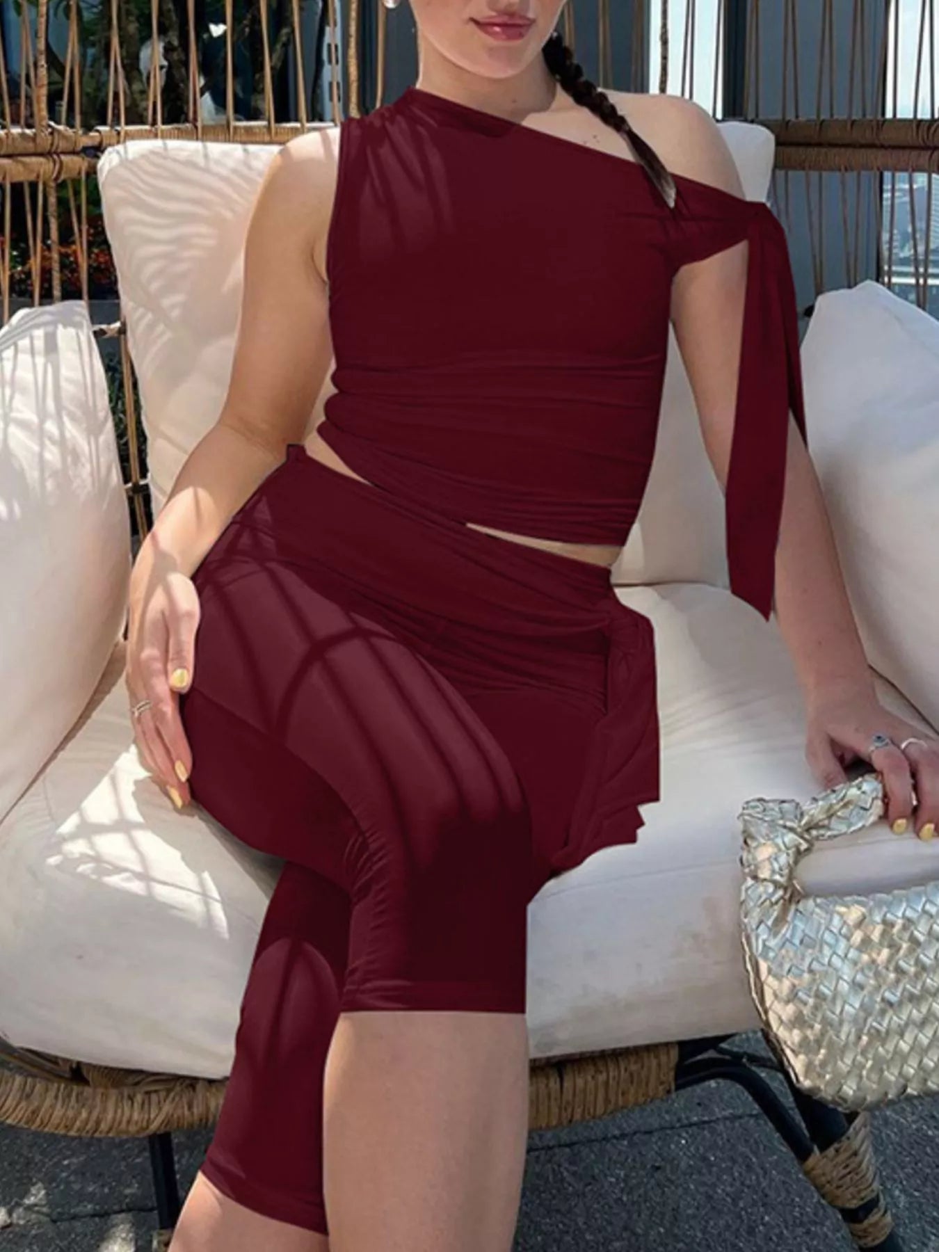 Asymmetrical One-Shoulder Top and Capris Set designed for comfort and style at Lookzlike