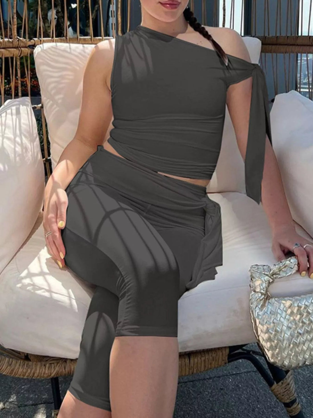 Asymmetrical One-Shoulder Top and Capris Set designed for comfort and style at Lookzlike