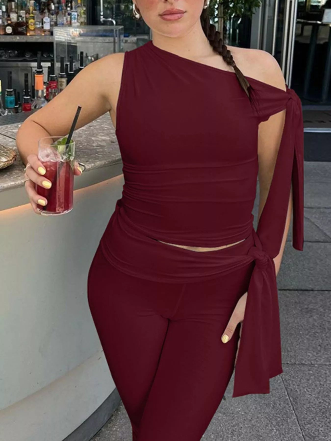 Asymmetrical One-Shoulder Top and Capris Set designed for comfort and style at Lookzlike