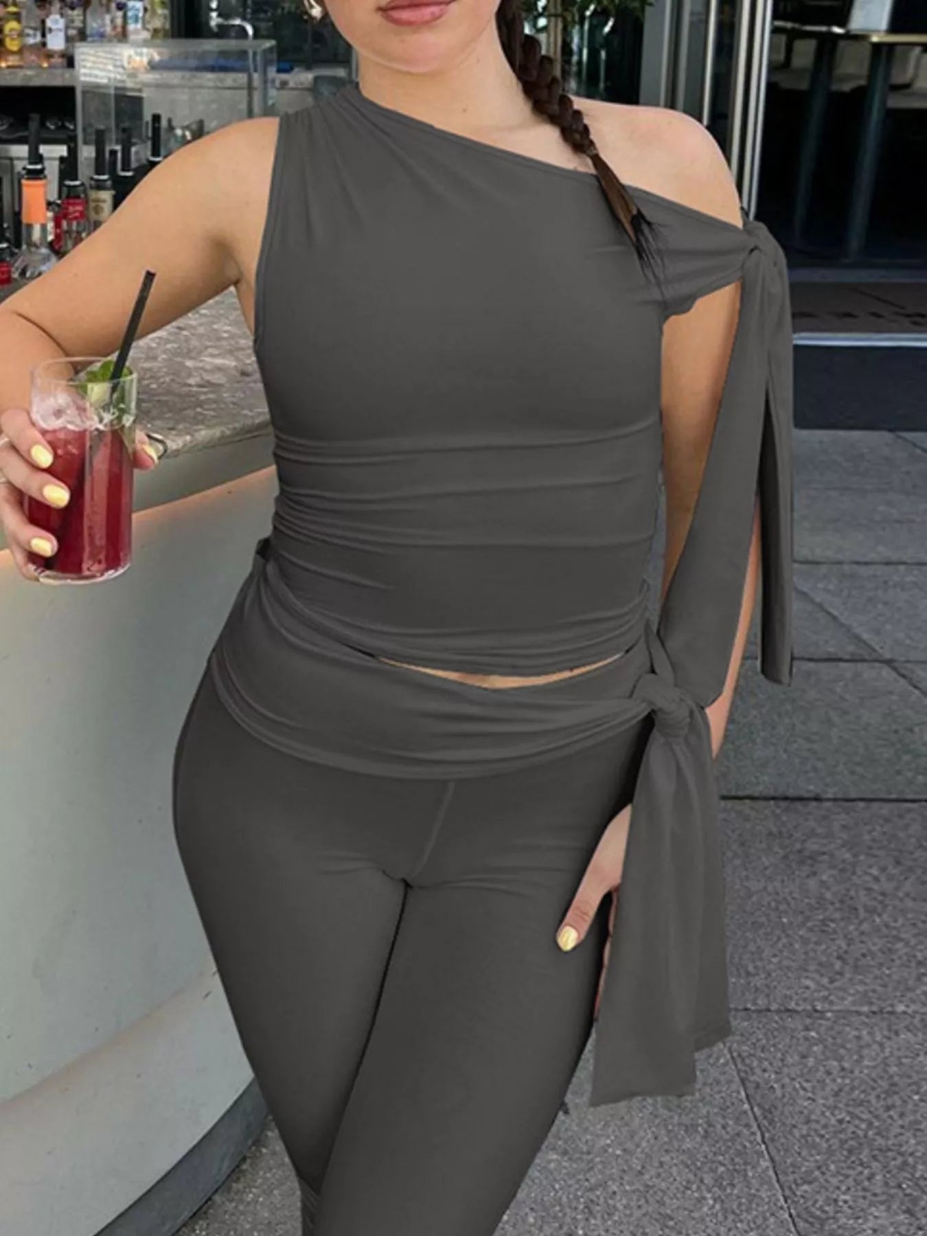 Asymmetrical One-Shoulder Top and Capris Set designed for comfort and style at Lookzlike