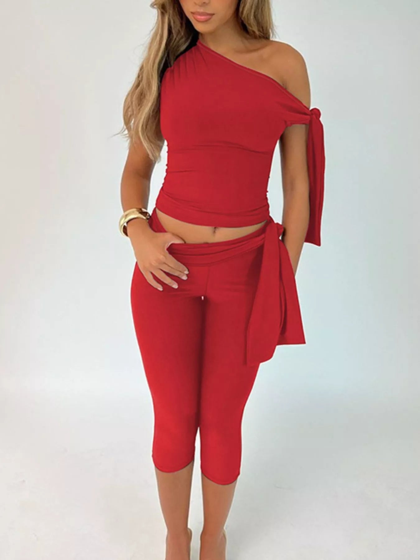 Asymmetrical One-Shoulder Top and Capris Set designed for comfort and style at Lookzlike