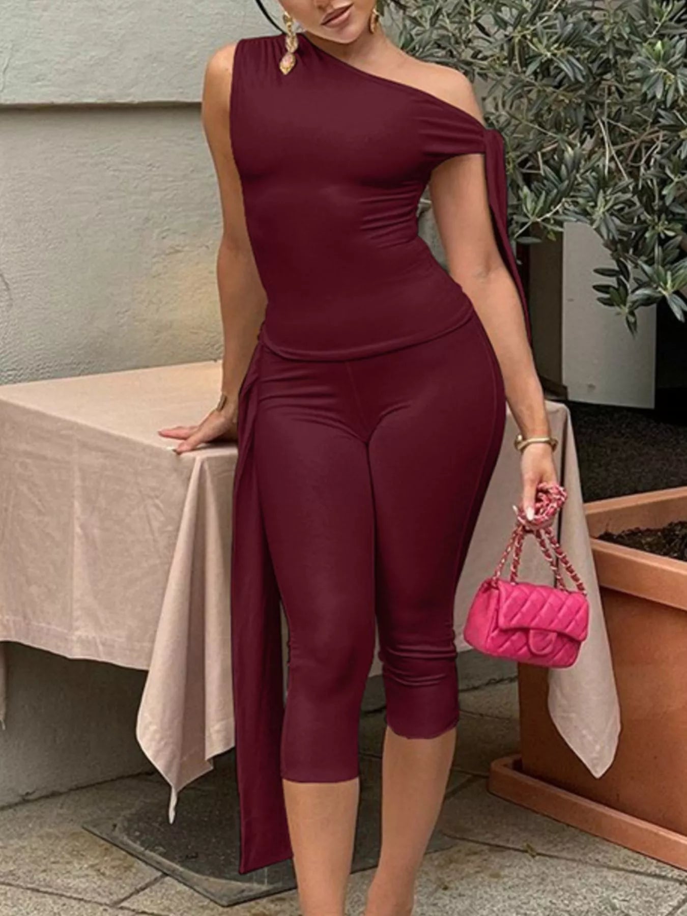 Asymmetrical One-Shoulder Top and Capris Set designed for comfort and style at Lookzlike