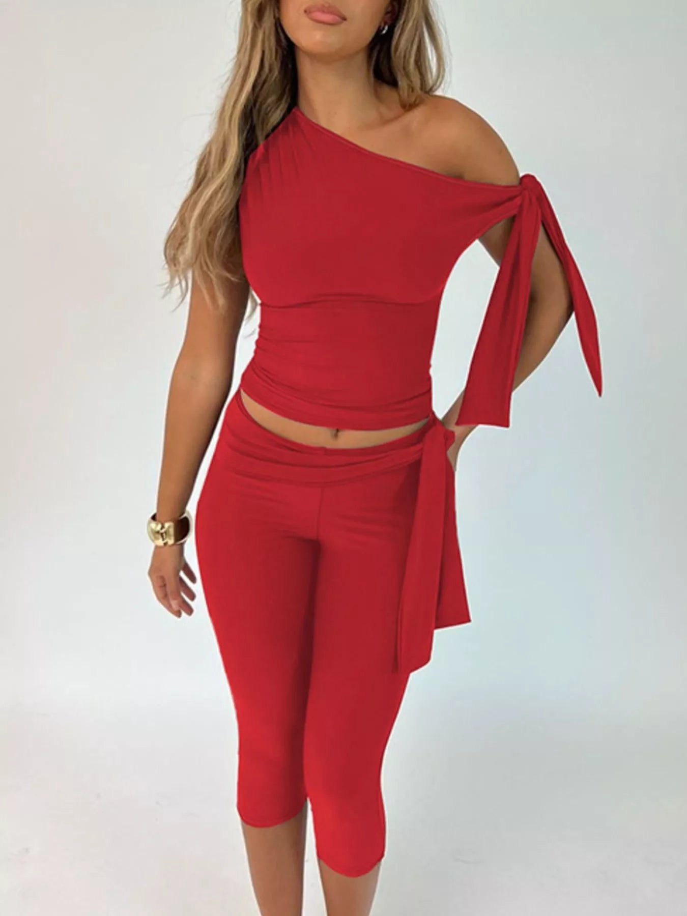Asymmetrical One-Shoulder Top and Capris Set designed for comfort and style at Lookzlike