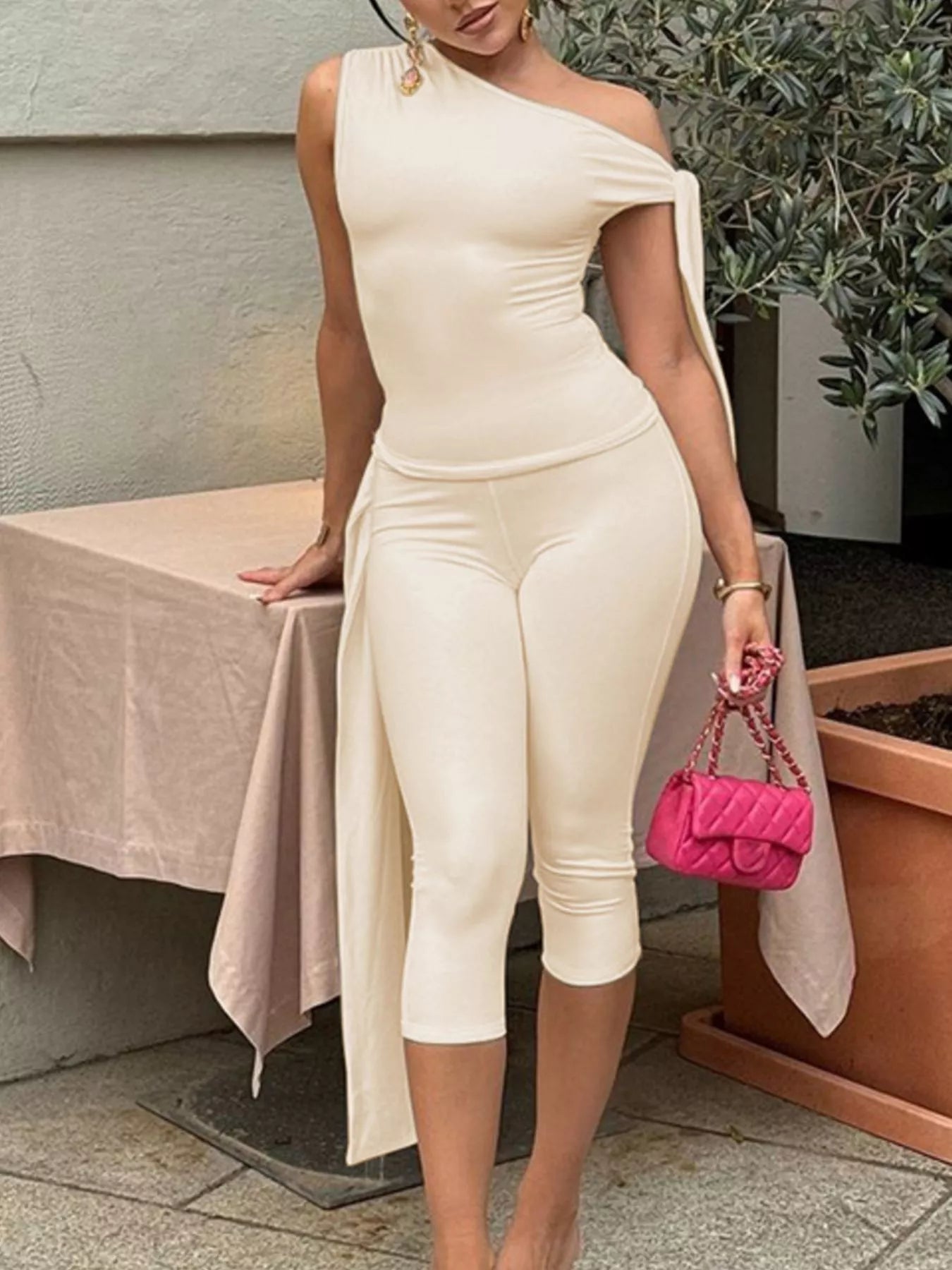 Asymmetrical One-Shoulder Top and Capris Set designed for comfort and style at Lookzlike