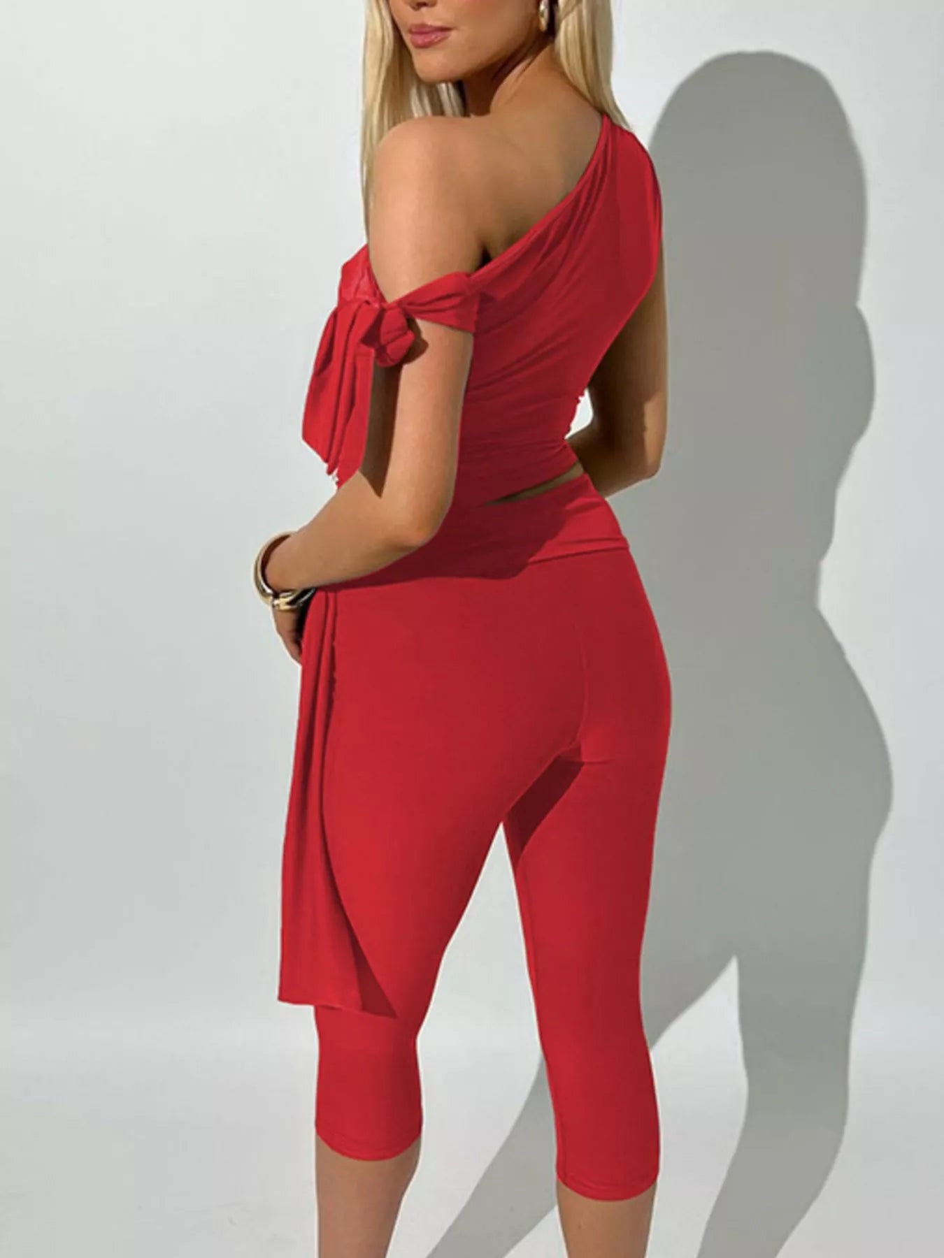 Asymmetrical One-Shoulder Top and Capris Set designed for comfort and style at Lookzlike