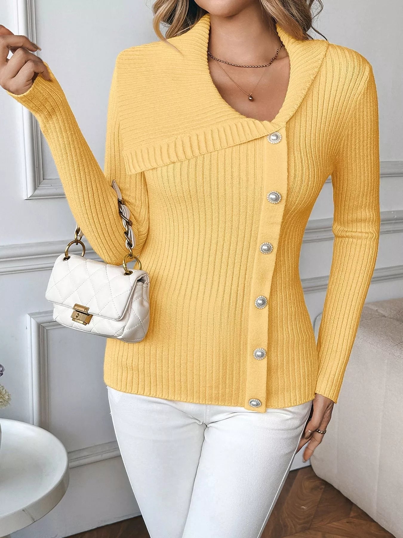 Asymmetrical Ribbed Button Up Cardigan designed for comfort and style at Lookzlike