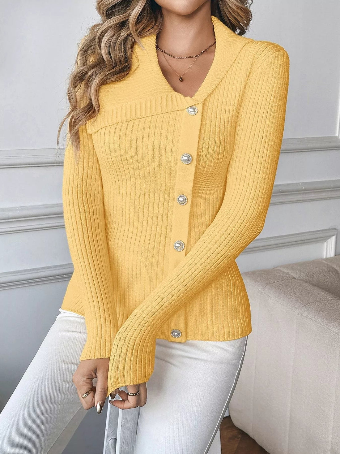 Asymmetrical Ribbed Button Up Cardigan designed for comfort and style at Lookzlike