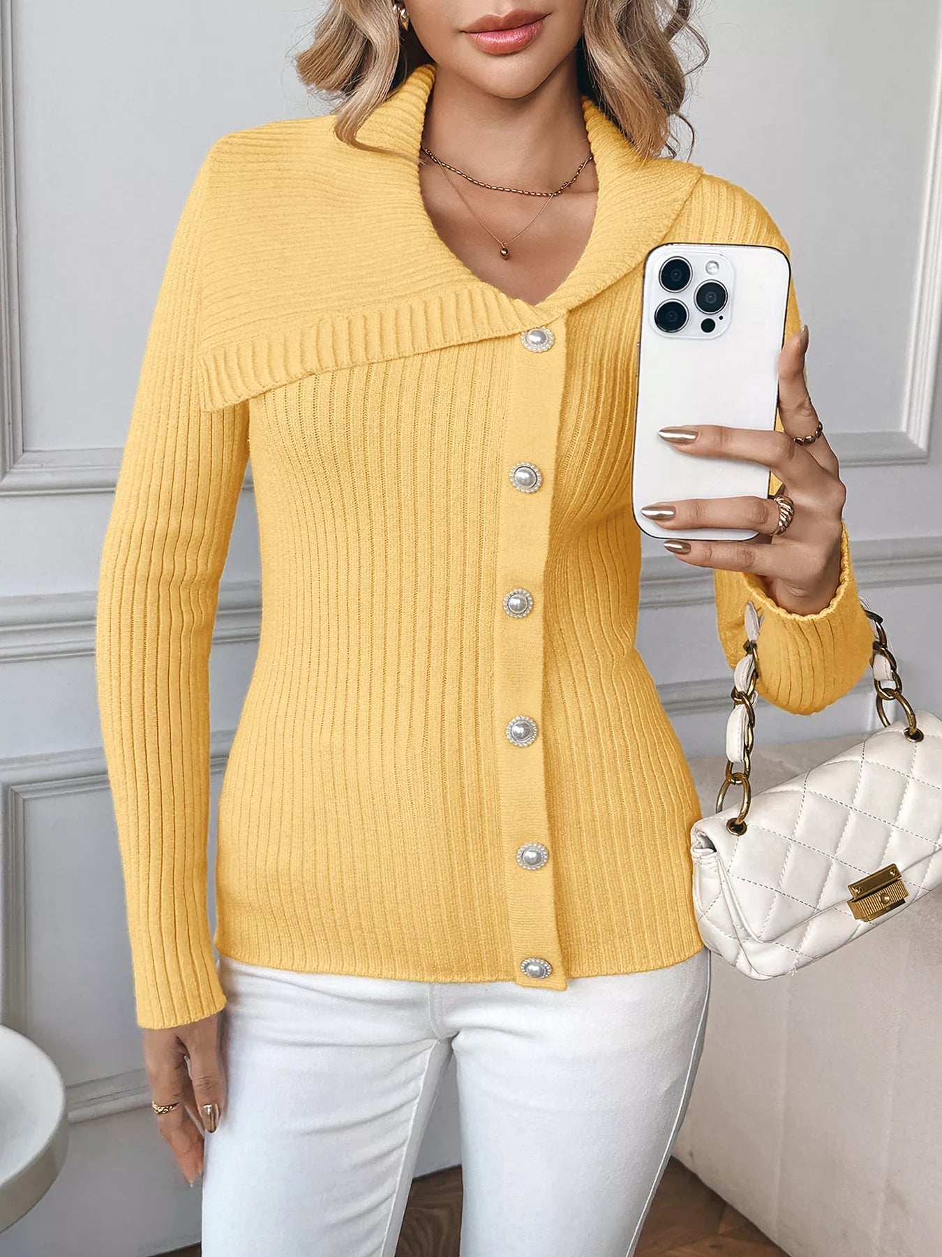 Asymmetrical Ribbed Button Up Cardigan designed for comfort and style at Lookzlike