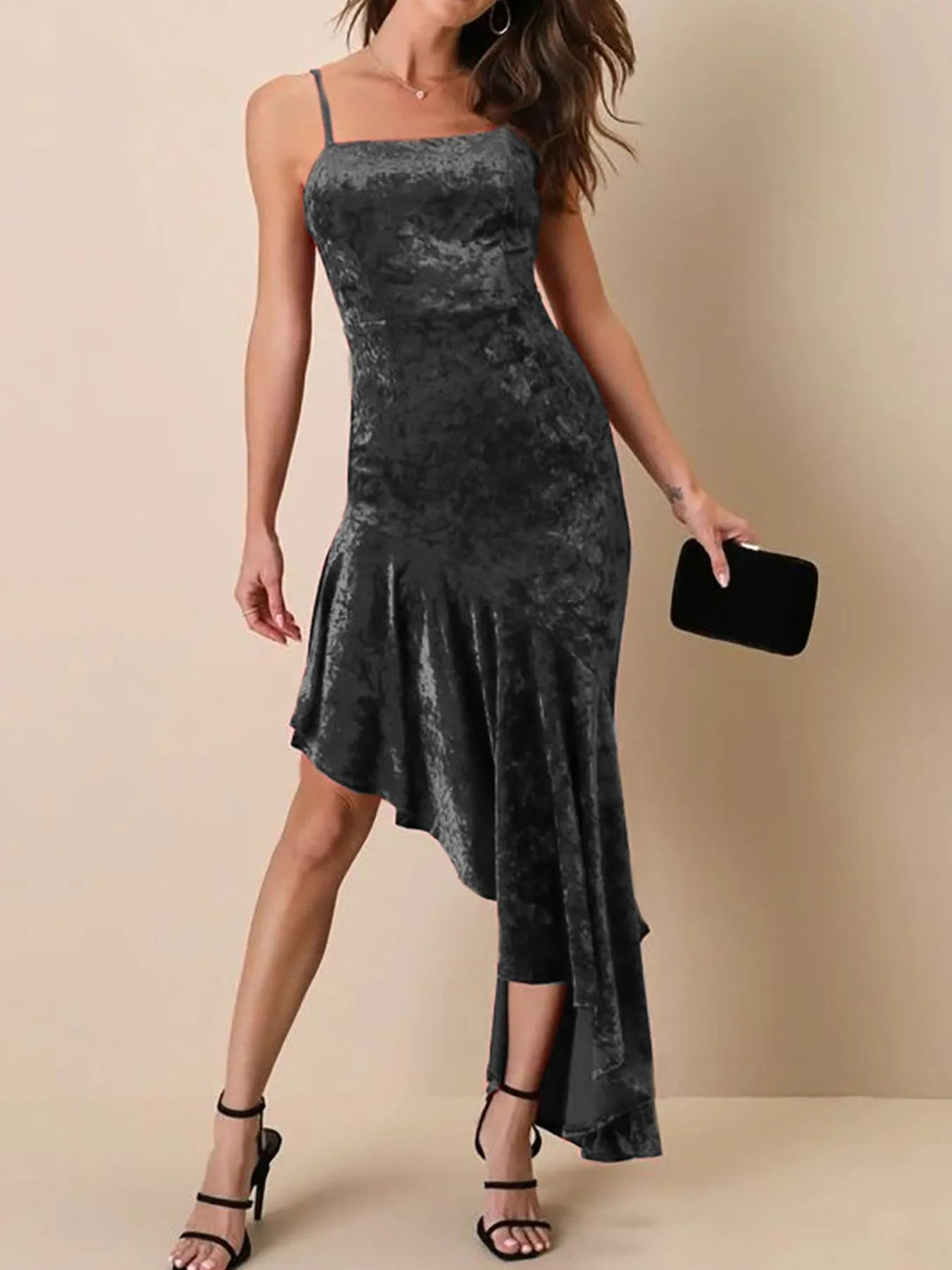 Asymmetrical Velvet Cami Dress with Ruffle Hem - Lookzlike