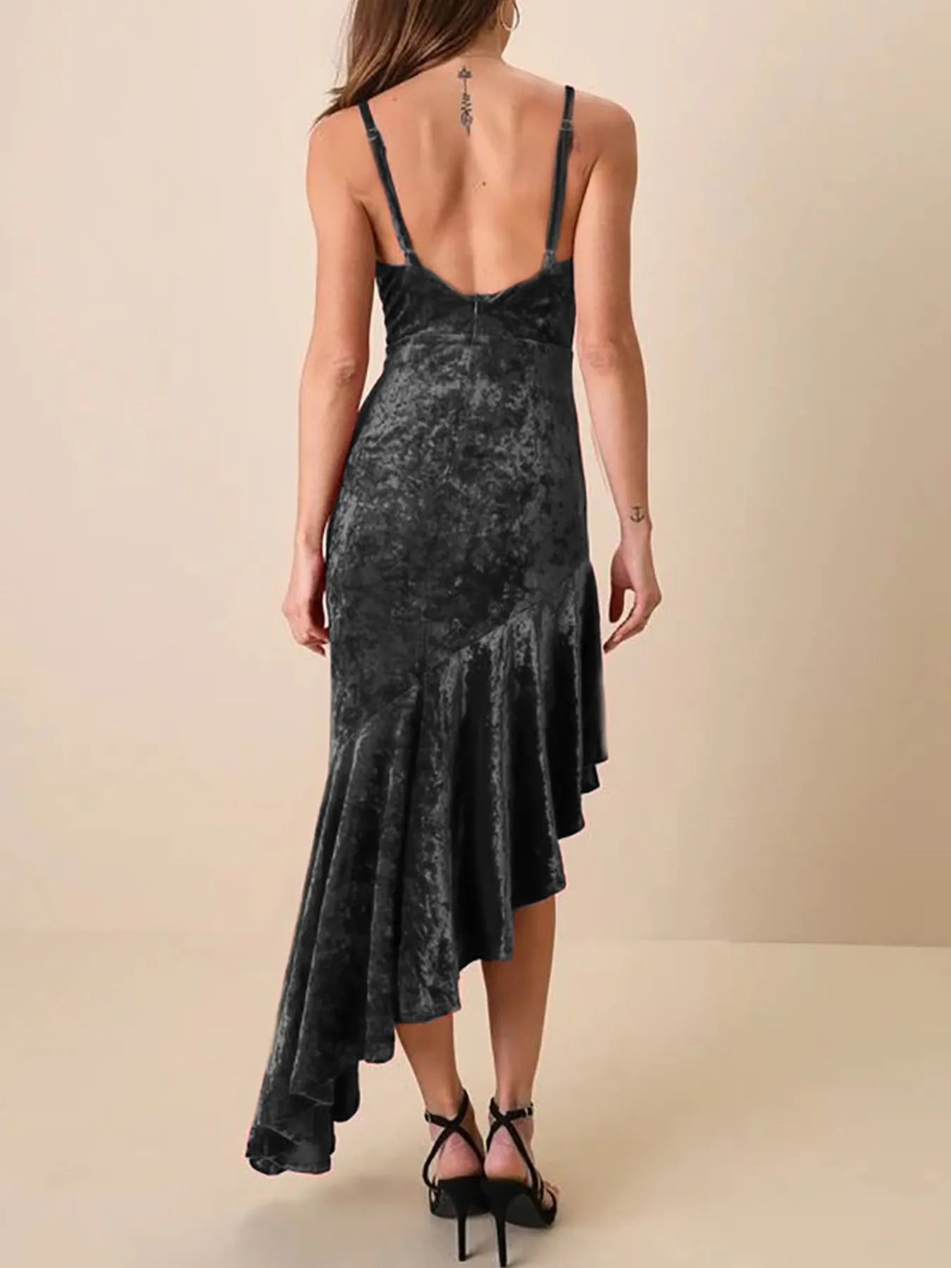 Asymmetrical Velvet Cami Dress with Ruffle Hem - Lookzlike
