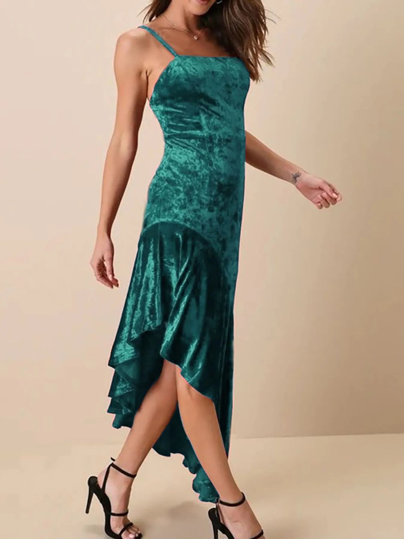 Asymmetrical Velvet Cami Dress with Ruffle Hem - Lookzlike