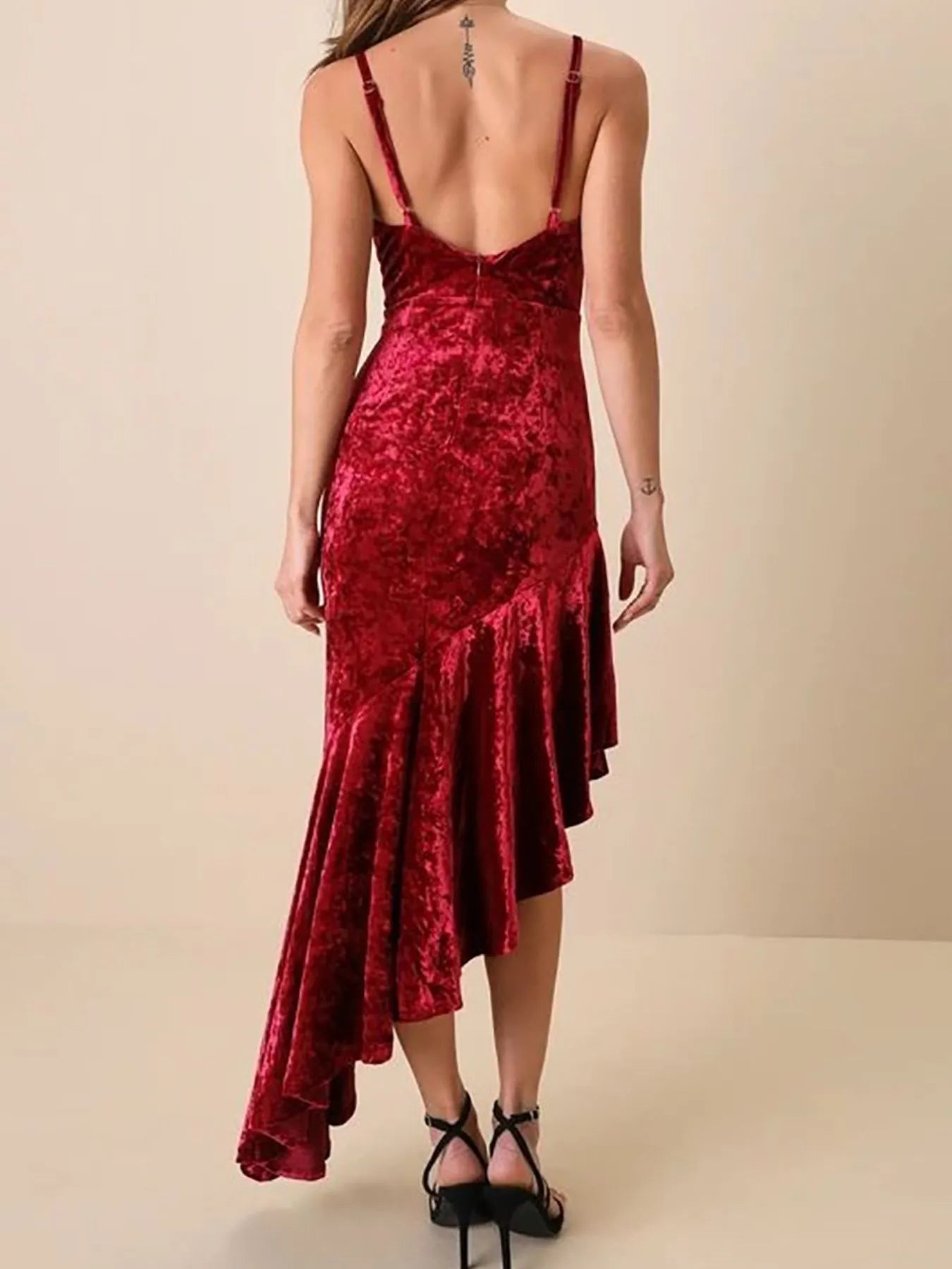 Asymmetrical Velvet Cami Dress with Ruffle Hem - Lookzlike