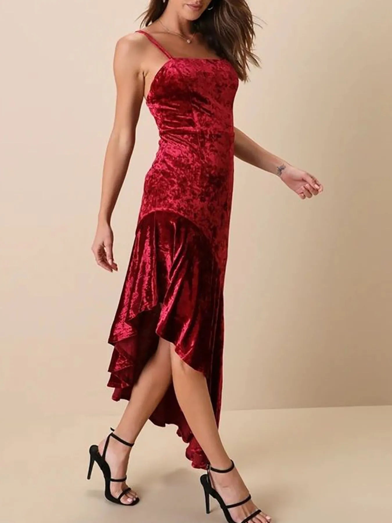 Asymmetrical Velvet Cami Dress with Ruffle Hem - Lookzlike