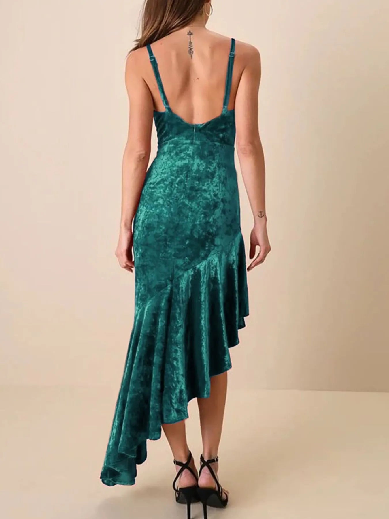 Asymmetrical Velvet Cami Dress with Ruffle Hem - Lookzlike