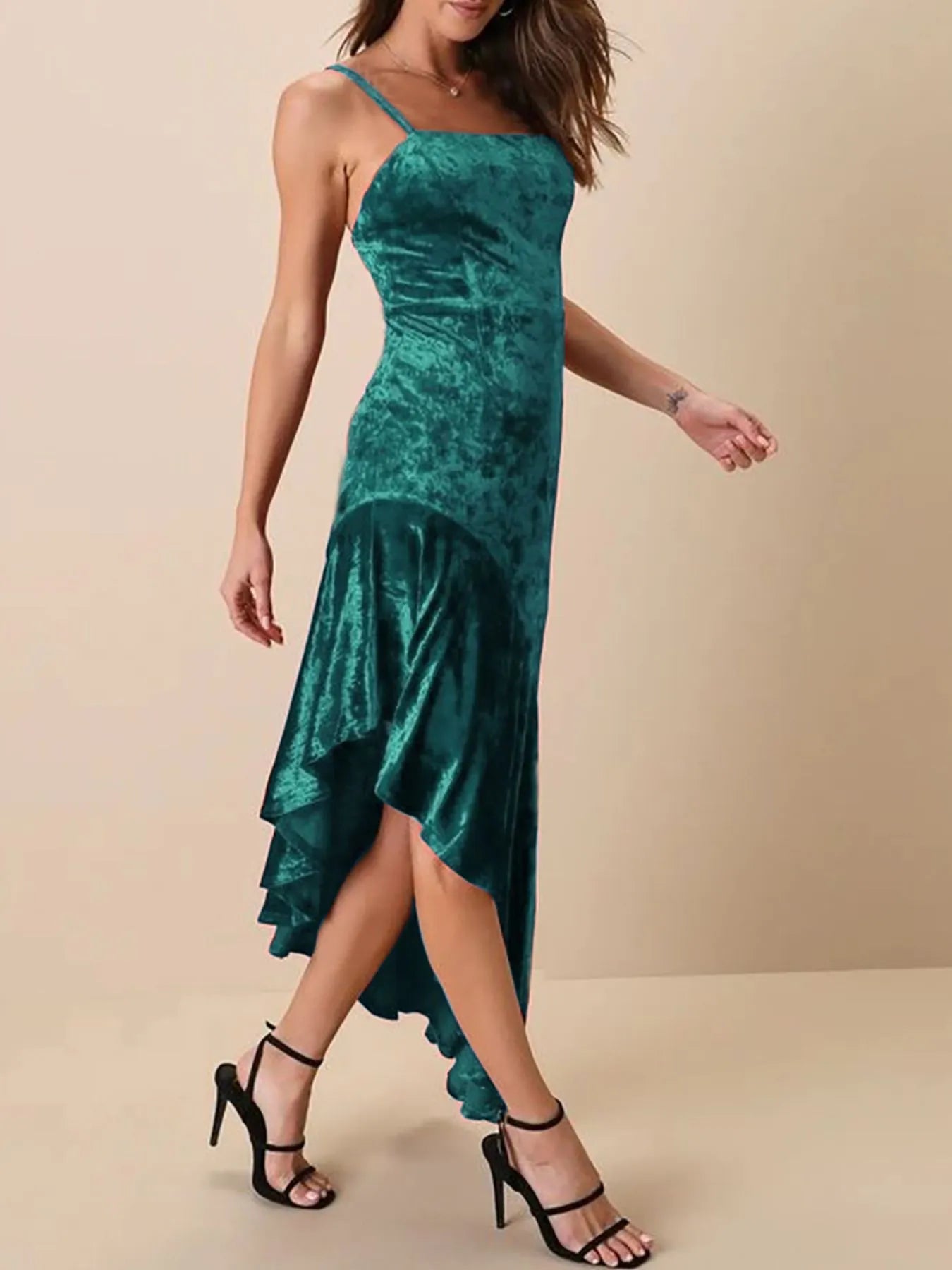 Asymmetrical Velvet Cami Dress with Ruffle Hem - Lookzlike