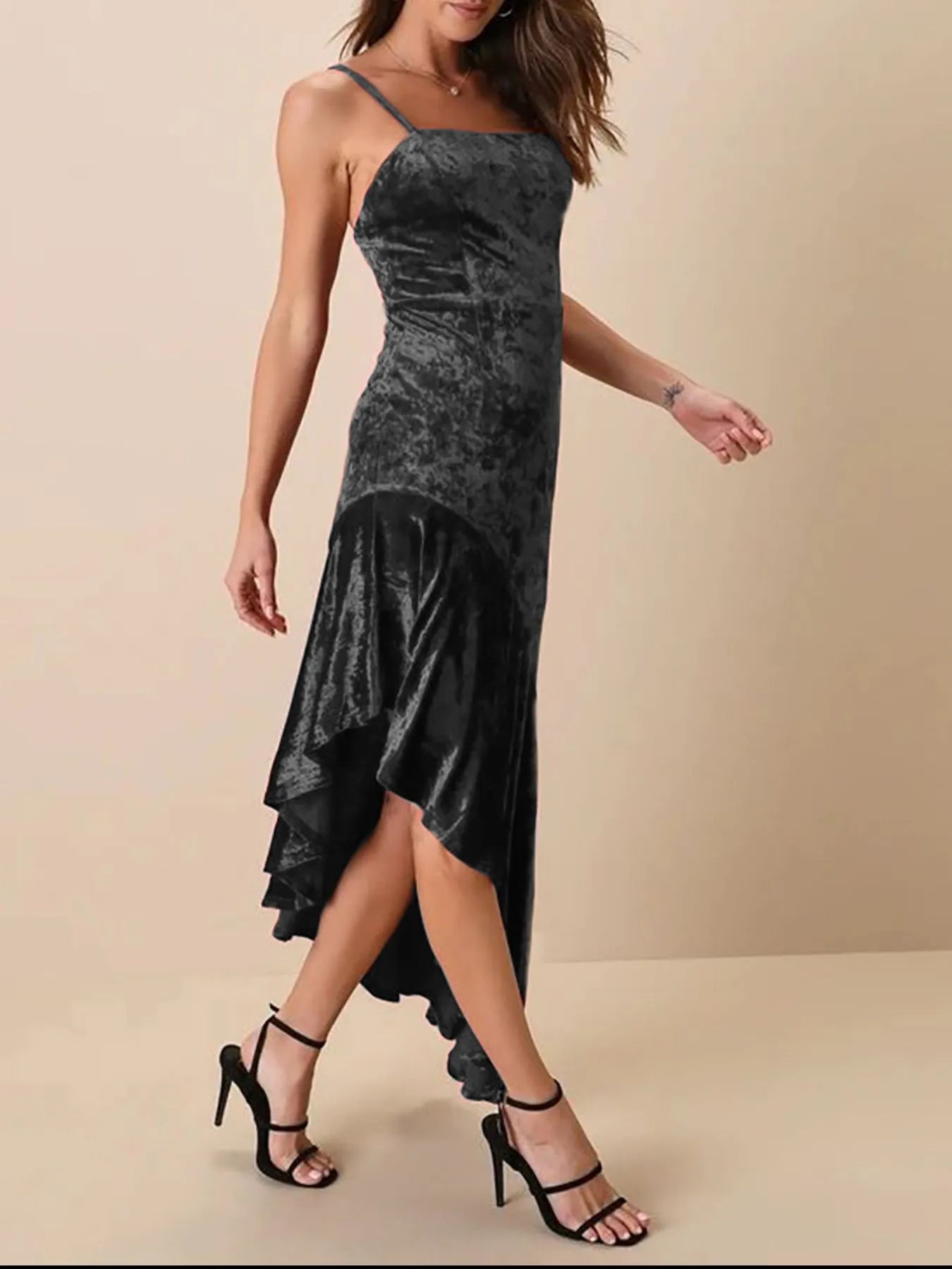 Asymmetrical Velvet Cami Dress with Ruffle Hem - Lookzlike