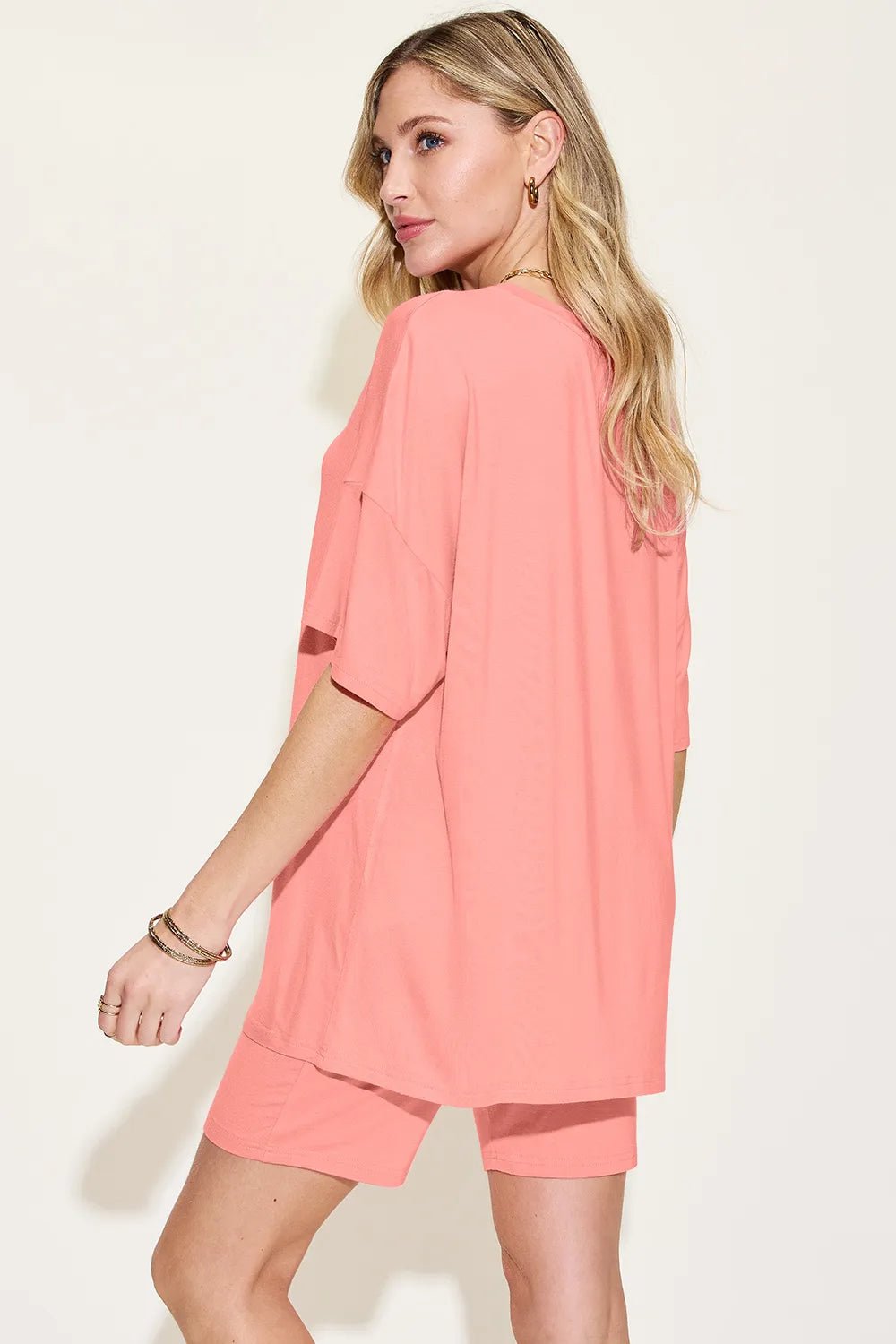 Basic Bae Bamboo Full Size V - Neck Drop Shoulder T-Shirt and Shorts Set designed for comfort and style at Lookzlike