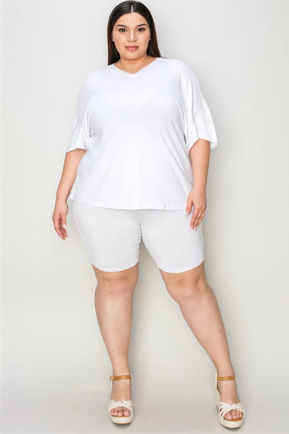 Basic Bae Bamboo Full Size V - Neck Drop Shoulder T-Shirt and Shorts Set designed for comfort and style at Lookzlike