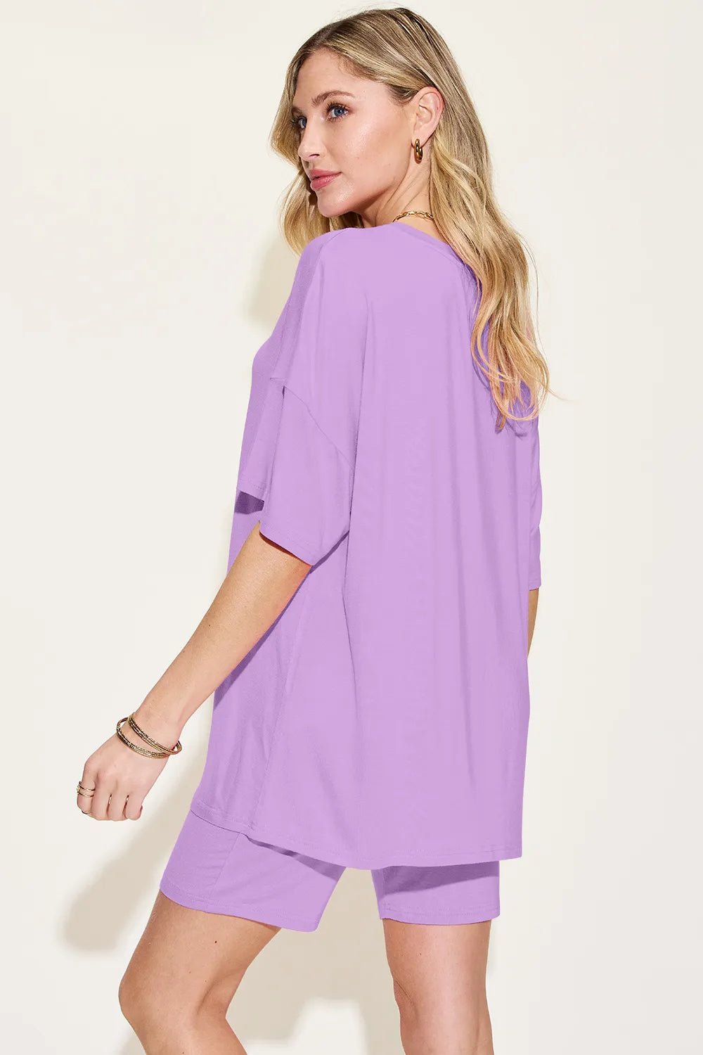 Basic Bae Bamboo Full Size V - Neck Drop Shoulder T-Shirt and Shorts Set designed for comfort and style at Lookzlike