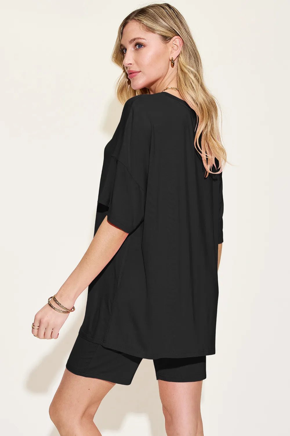 Basic Bae Bamboo Full Size V - Neck Drop Shoulder T-Shirt and Shorts Set designed for comfort and style at Lookzlike
