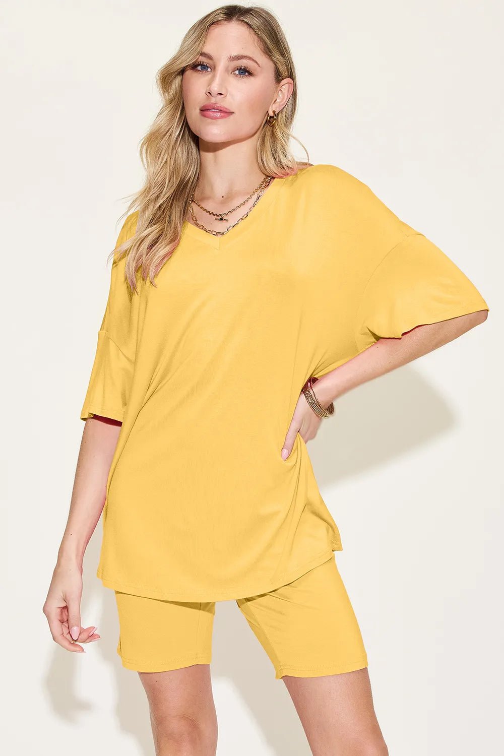 Basic Bae Bamboo Full Size V - Neck Drop Shoulder T-Shirt and Shorts Set designed for comfort and style at Lookzlike