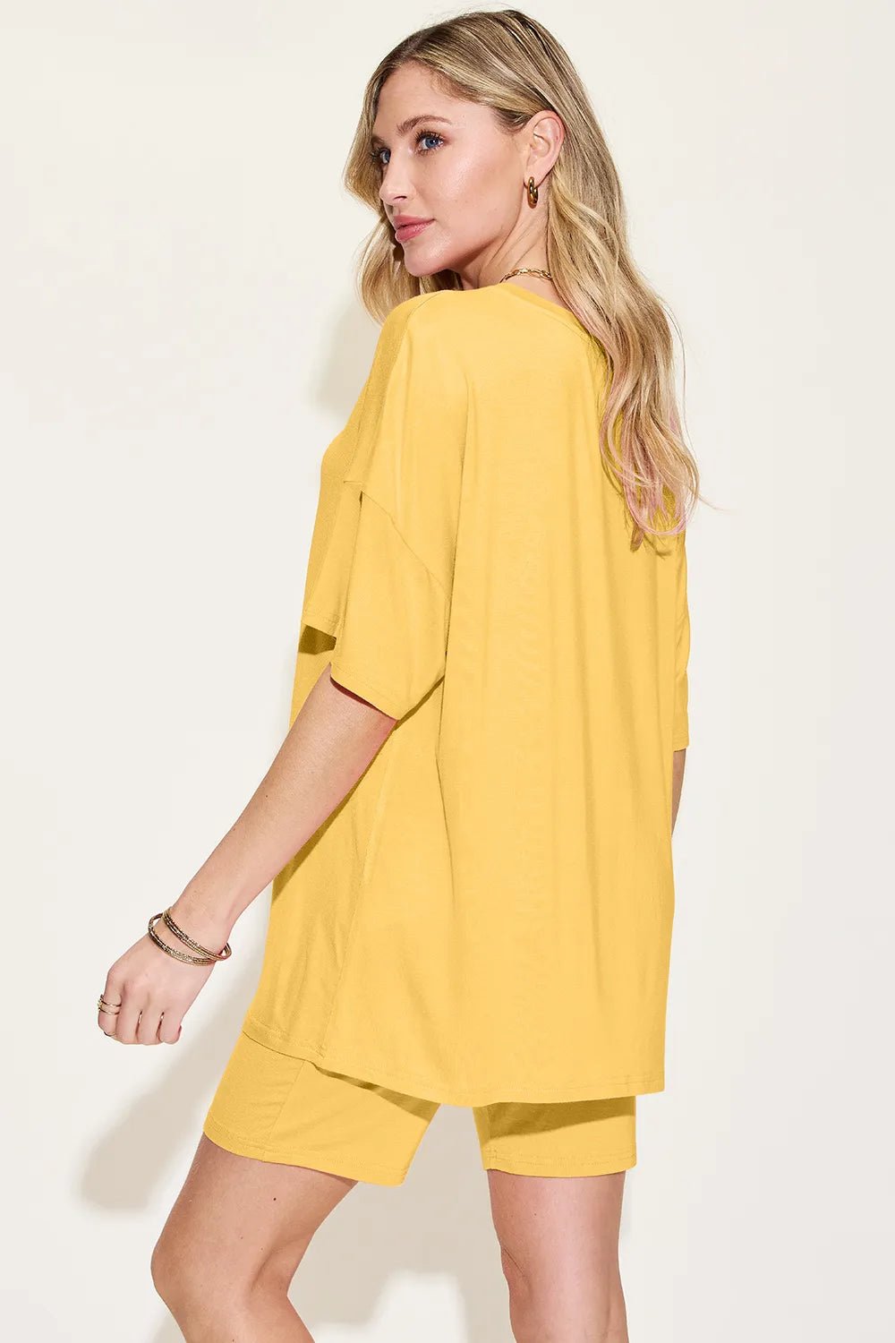 Basic Bae Bamboo Full Size V - Neck Drop Shoulder T-Shirt and Shorts Set designed for comfort and style at Lookzlike