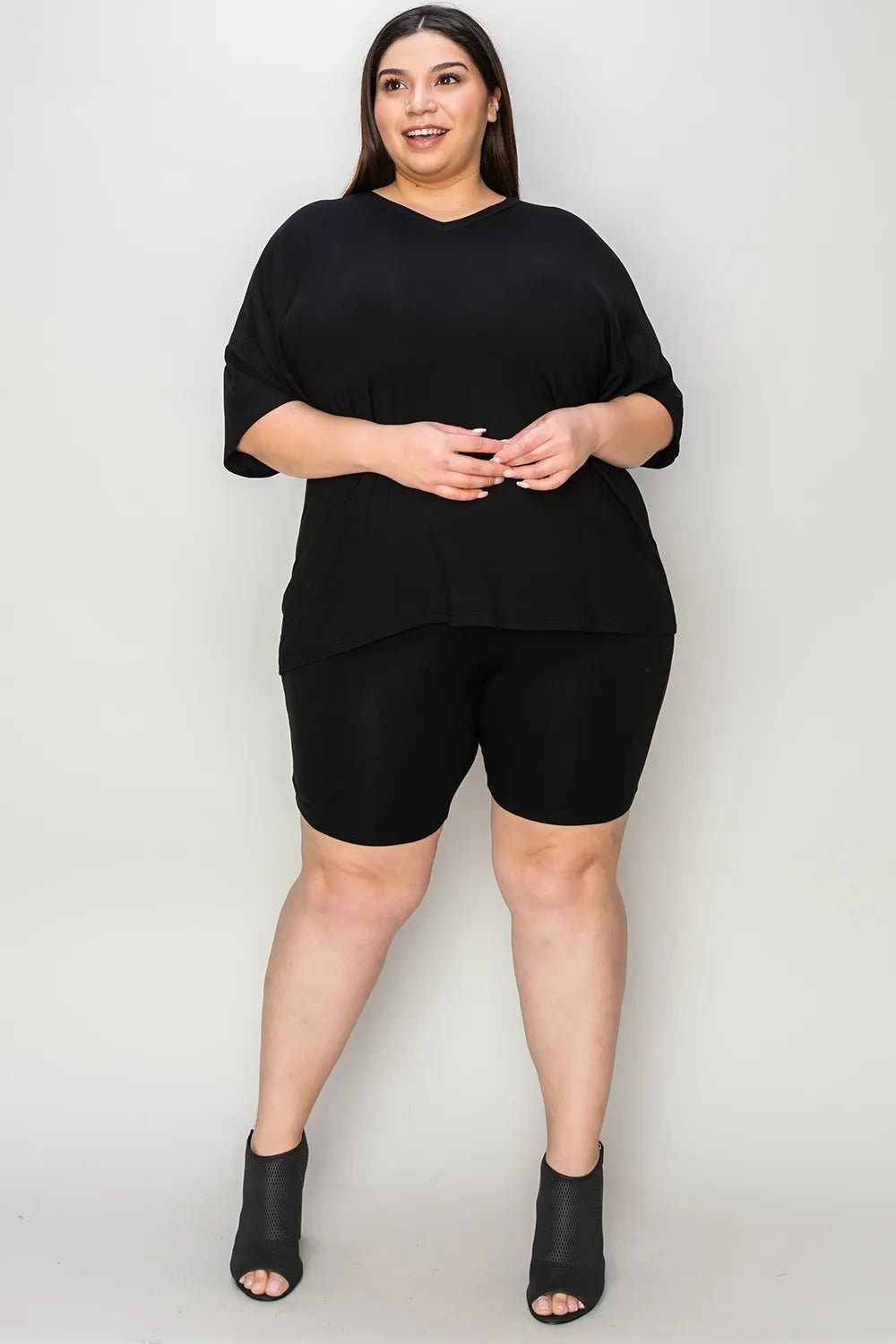 Basic Bae Bamboo Full Size V - Neck Drop Shoulder T-Shirt and Shorts Set designed for comfort and style at Lookzlike