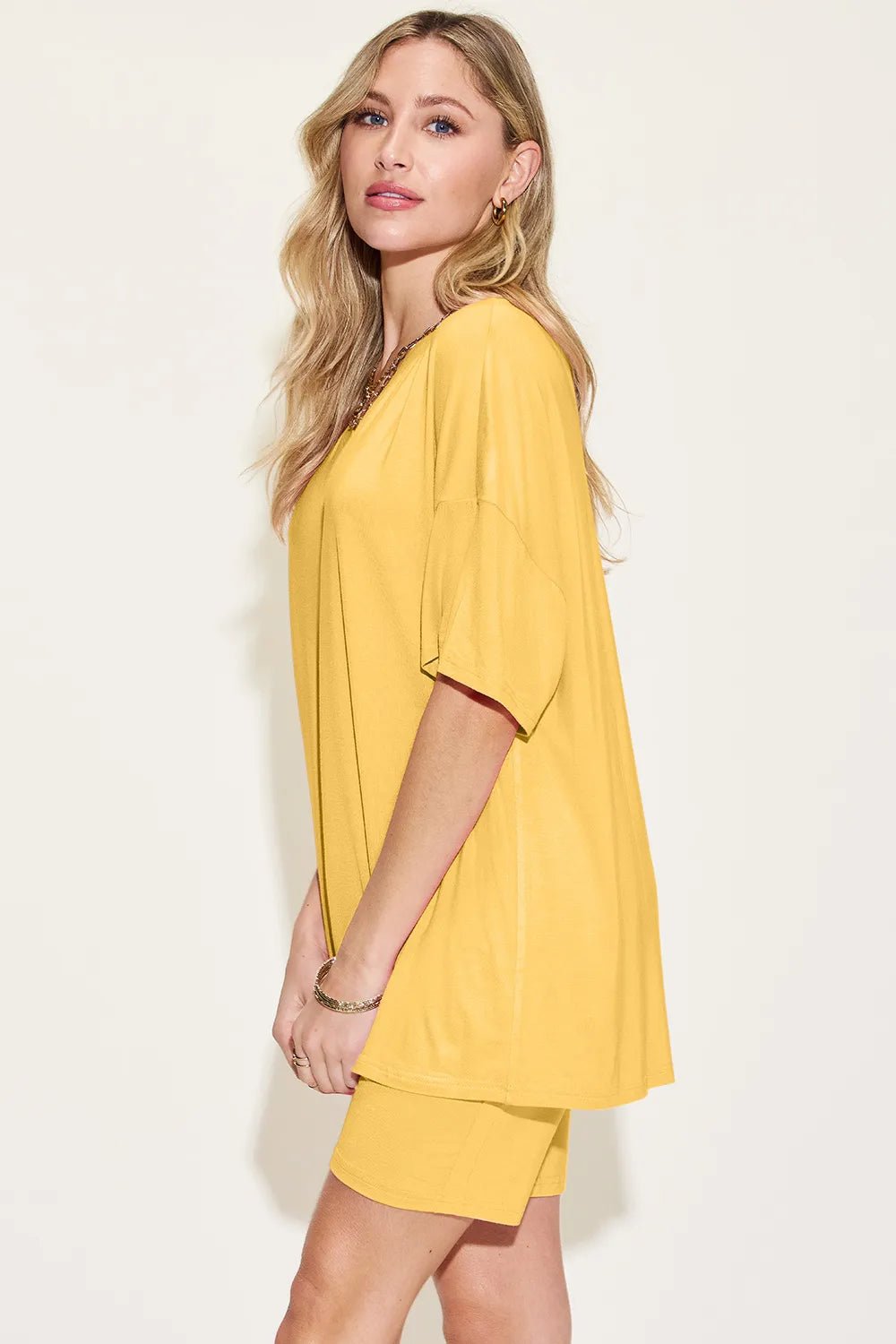 Basic Bae Bamboo Full Size V - Neck Drop Shoulder T-Shirt and Shorts Set designed for comfort and style at Lookzlike