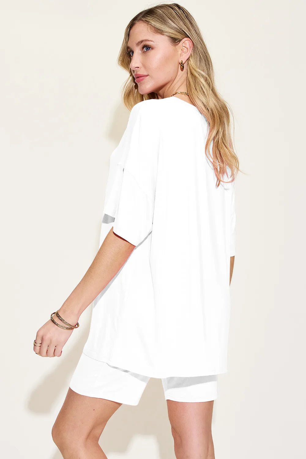 Basic Bae Bamboo Full Size V - Neck Drop Shoulder T-Shirt and Shorts Set designed for comfort and style at Lookzlike