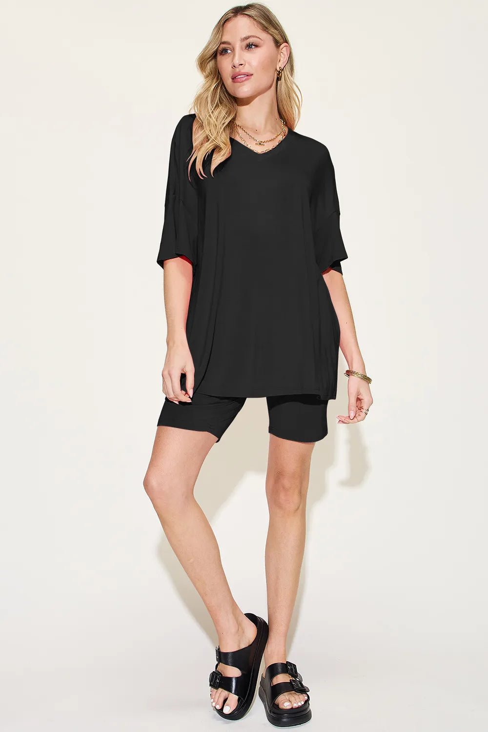 Basic Bae Bamboo Full Size V - Neck Drop Shoulder T-Shirt and Shorts Set designed for comfort and style at Lookzlike