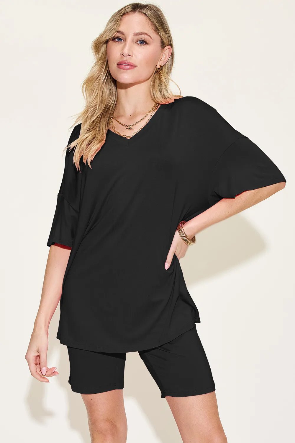 Basic Bae Bamboo Full Size V - Neck Drop Shoulder T-Shirt and Shorts Set designed for comfort and style at Lookzlike