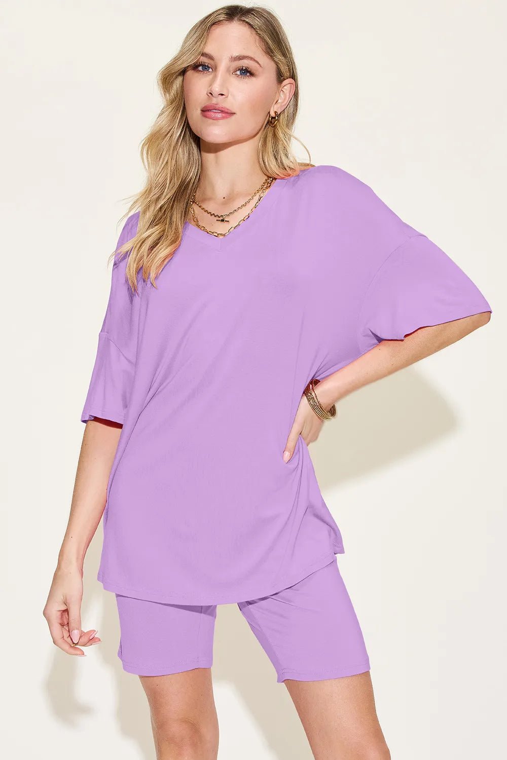 Basic Bae Bamboo Full Size V - Neck Drop Shoulder T-Shirt and Shorts Set designed for comfort and style at Lookzlike