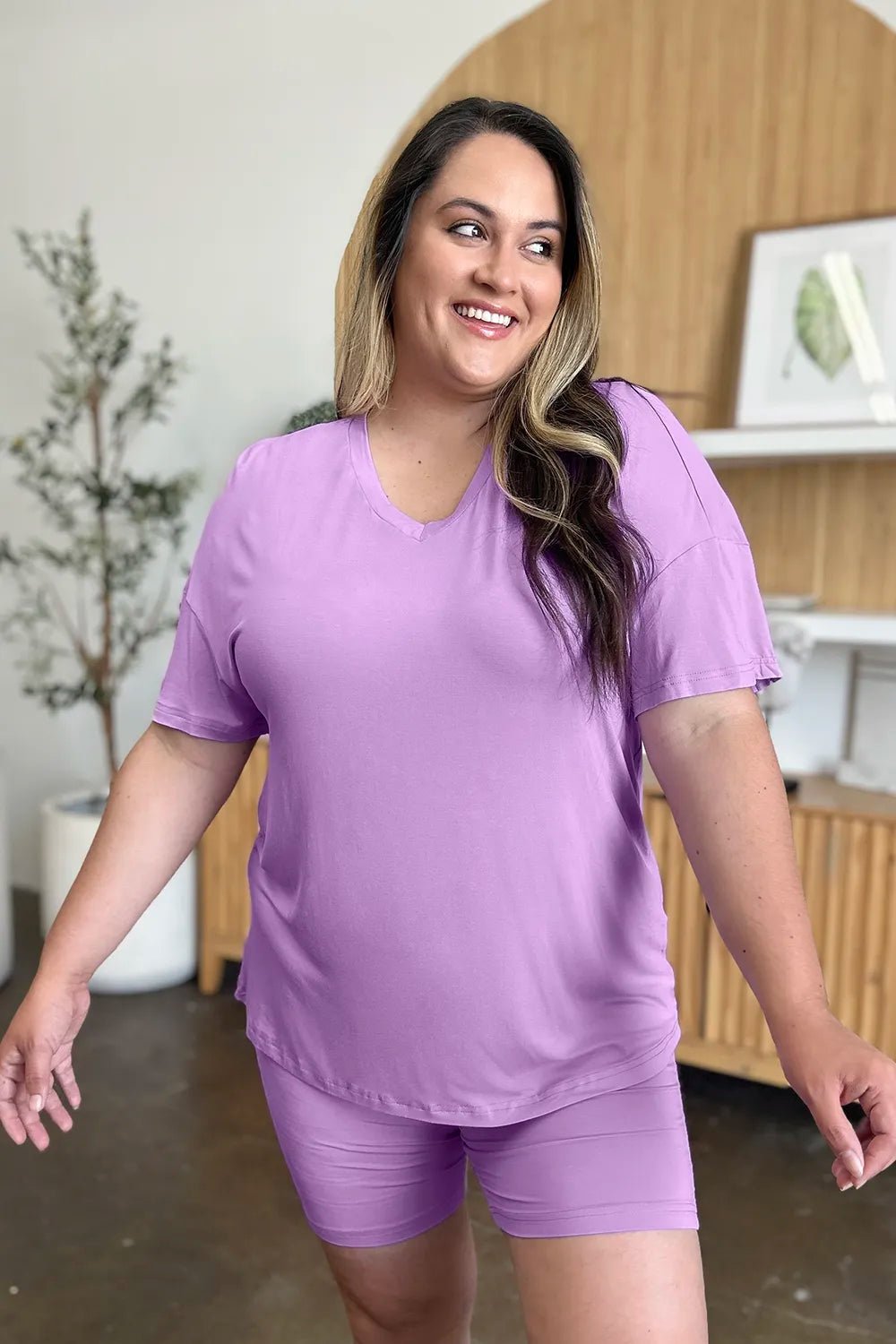 Basic Bae Bamboo Full Size V - Neck Drop Shoulder T-Shirt and Shorts Set designed for comfort and style at Lookzlike