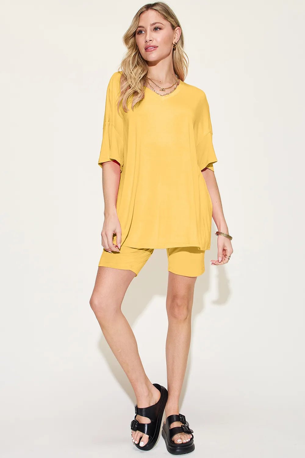 Basic Bae Bamboo Full Size V - Neck Drop Shoulder T-Shirt and Shorts Set designed for comfort and style at Lookzlike