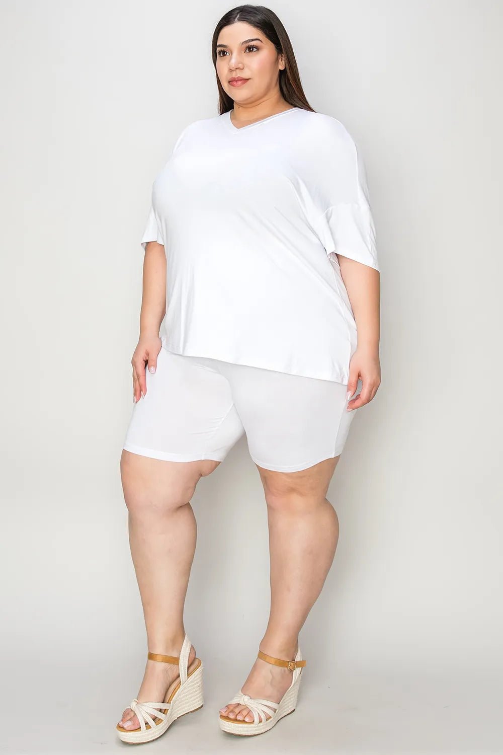 Basic Bae Bamboo Full Size V - Neck Drop Shoulder T-Shirt and Shorts Set designed for comfort and style at Lookzlike