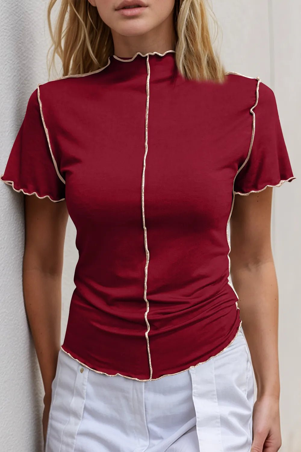 Basic Bae Contrast Trim Mock Neck Short Sleeve T-Shirt designed for comfort and style at Lookzlike