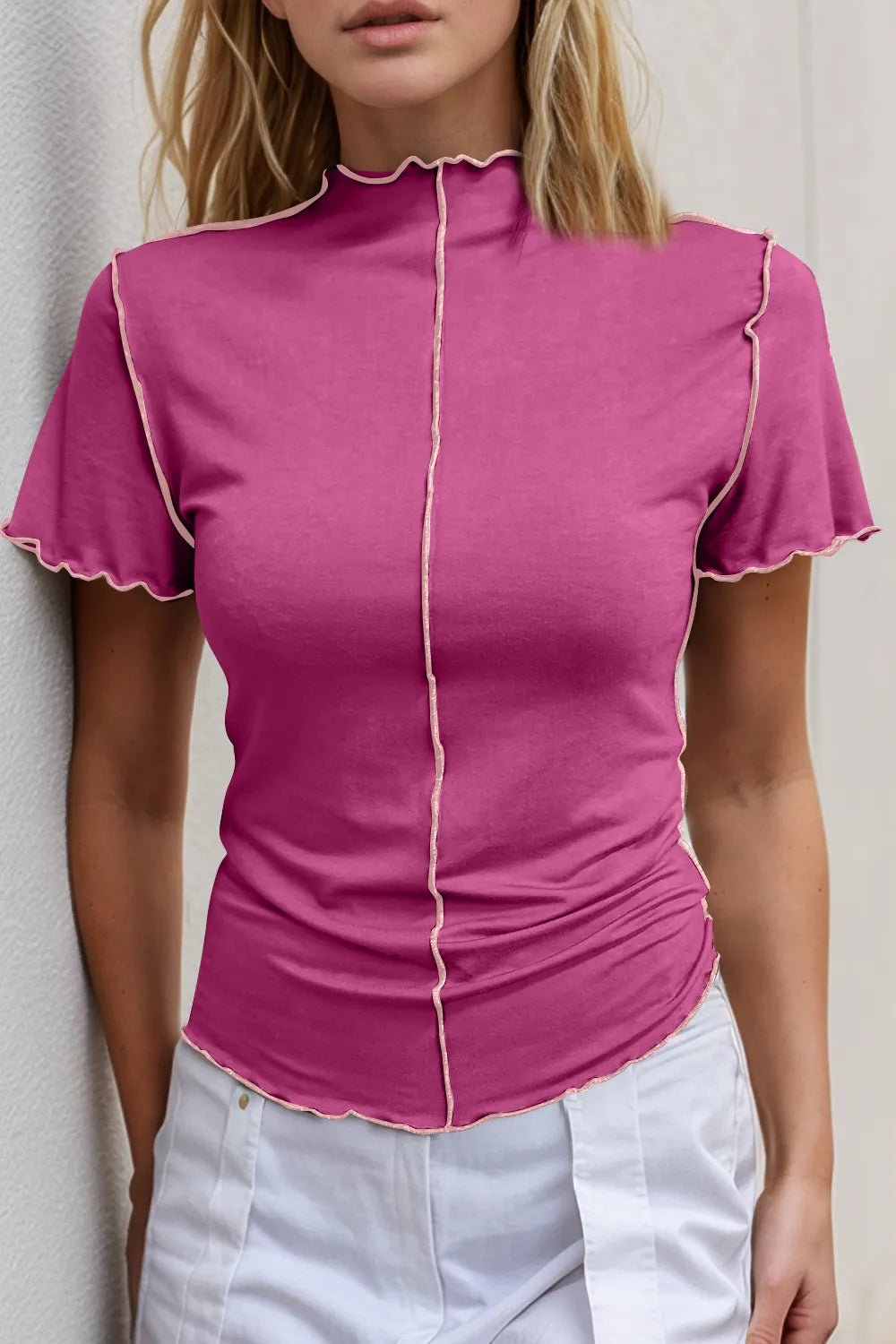 Basic Bae Contrast Trim Mock Neck Short Sleeve T-Shirt designed for comfort and style at Lookzlike