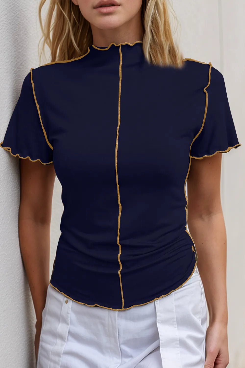 Basic Bae Contrast Trim Mock Neck Short Sleeve T-Shirt designed for comfort and style at Lookzlike