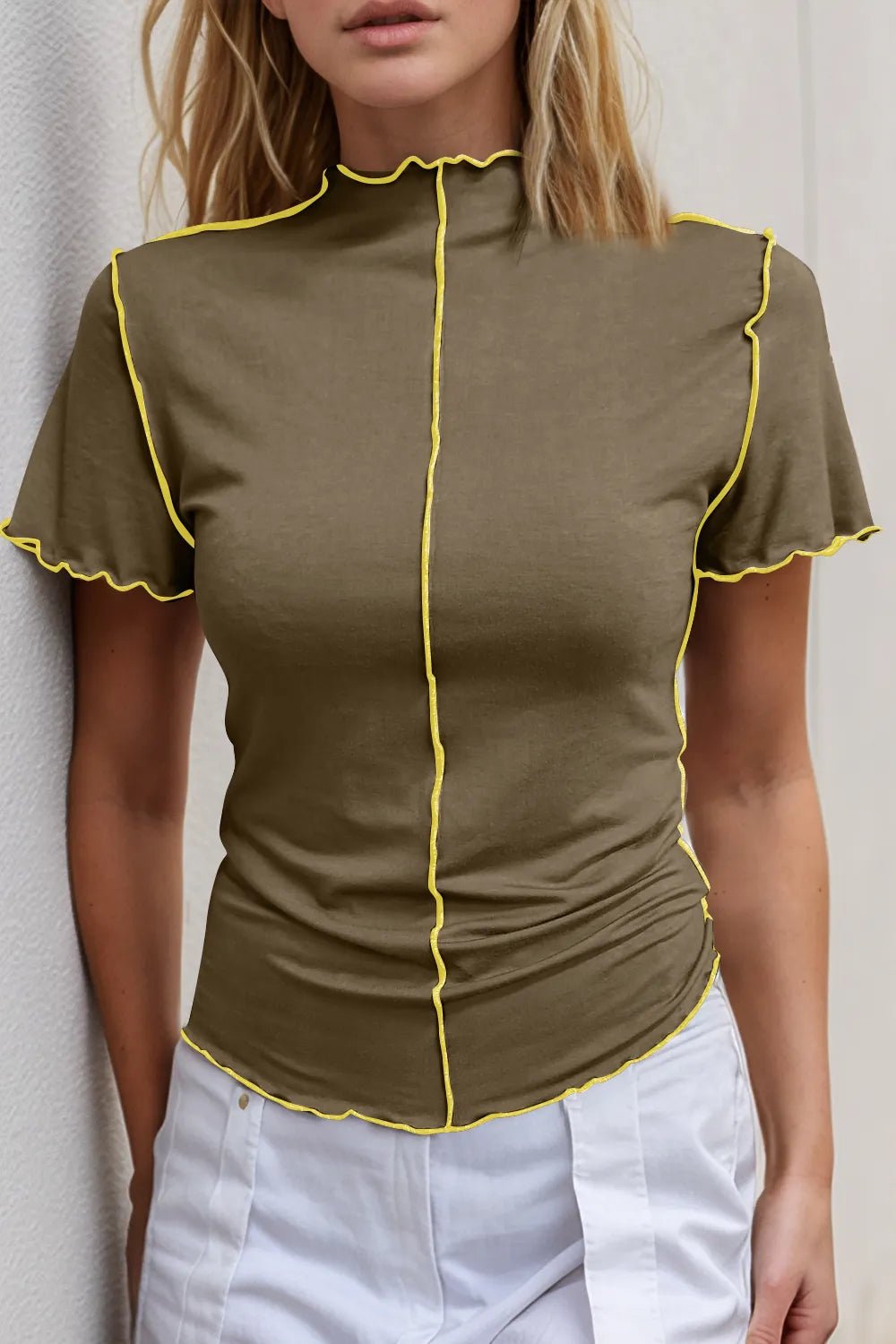 Basic Bae Contrast Trim Mock Neck Short Sleeve T-Shirt designed for comfort and style at Lookzlike