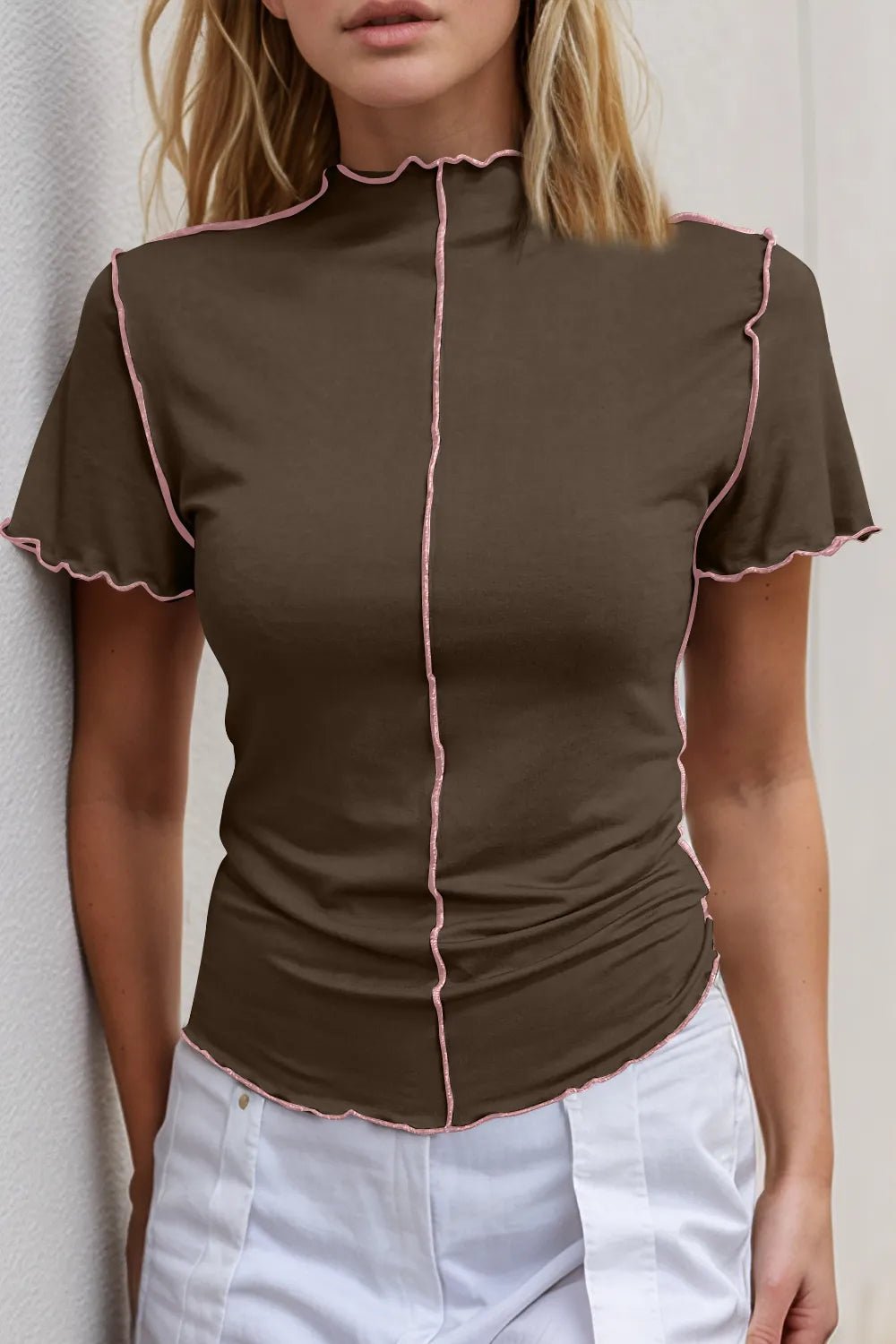 Basic Bae Contrast Trim Mock Neck Short Sleeve T-Shirt designed for comfort and style at Lookzlike