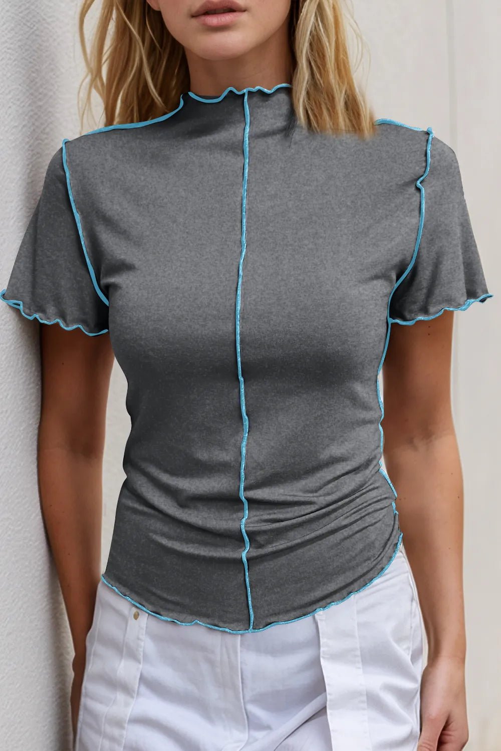 Basic Bae Contrast Trim Mock Neck Short Sleeve T-Shirt designed for comfort and style at Lookzlike