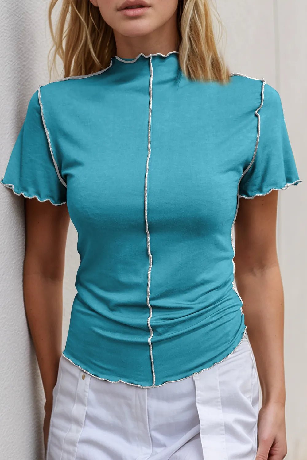 Basic Bae Contrast Trim Mock Neck Short Sleeve T-Shirt designed for comfort and style at Lookzlike