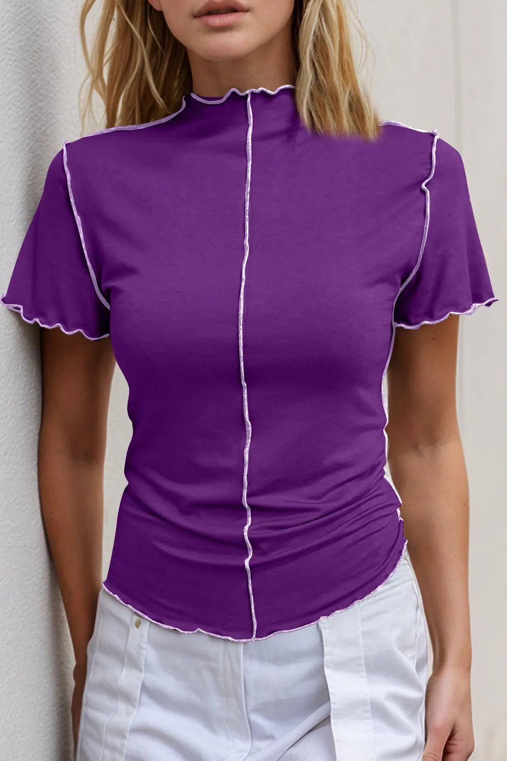 Basic Bae Contrast Trim Mock Neck Short Sleeve T-Shirt designed for comfort and style at Lookzlike