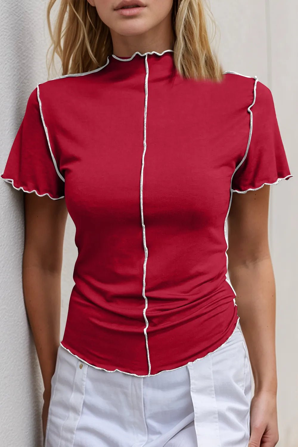 Basic Bae Contrast Trim Mock Neck Short Sleeve T-Shirt designed for comfort and style at Lookzlike