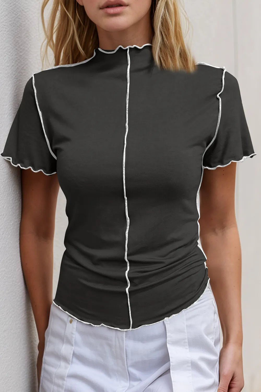 Basic Bae Contrast Trim Mock Neck Short Sleeve T-Shirt designed for comfort and style at Lookzlike
