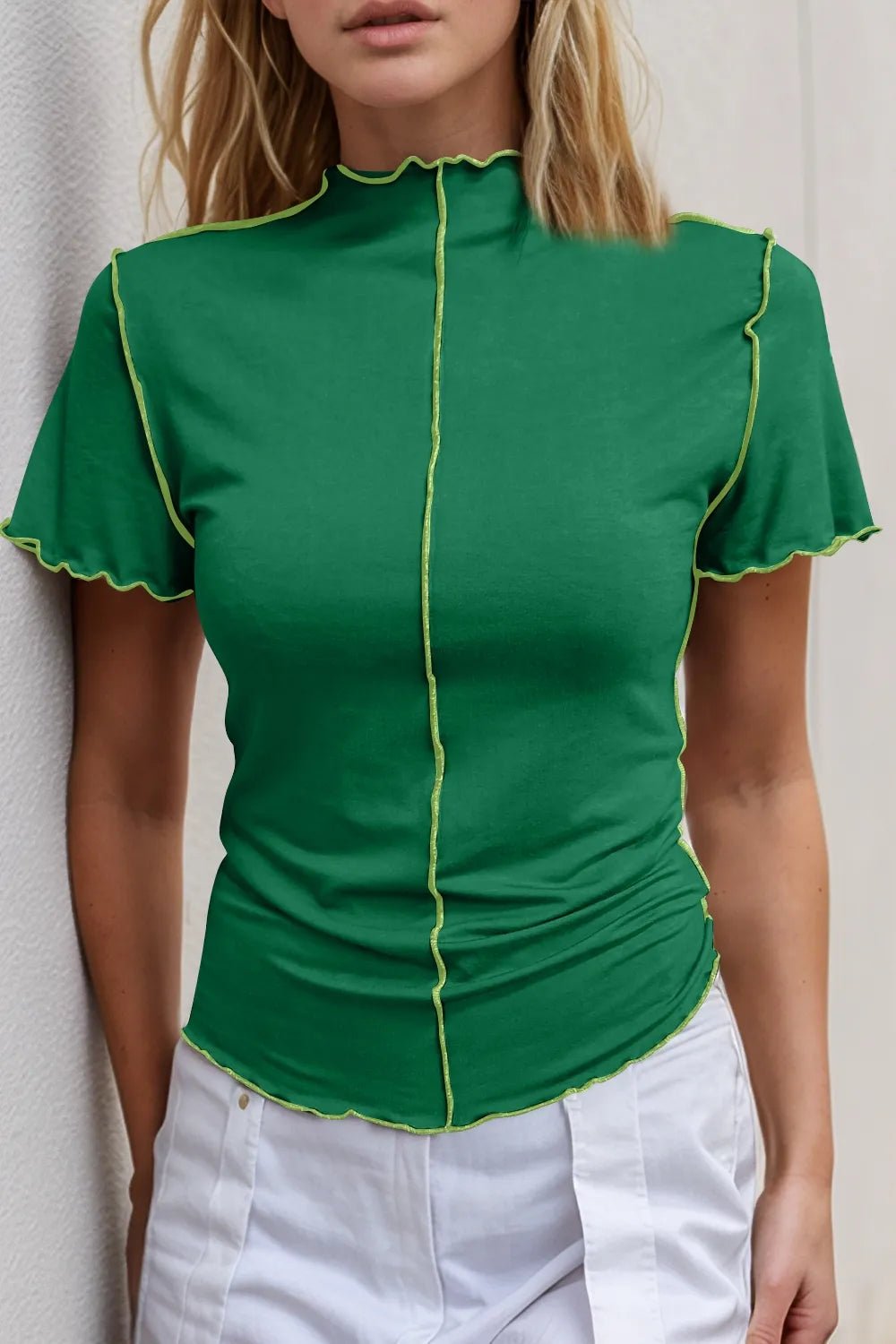 Basic Bae Contrast Trim Mock Neck Short Sleeve T-Shirt designed for comfort and style at Lookzlike