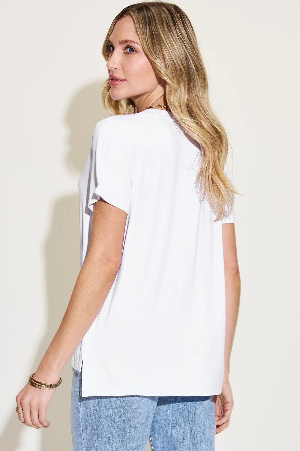 Basic Bae Full Size V - Neck High - Low T-Shirt designed for comfort and style at Lookzlike