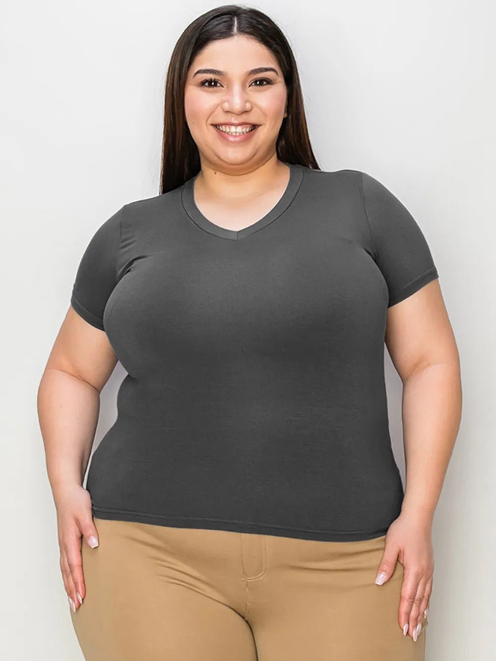 Basic Bae Full Size V - Neck High - Low T-Shirt designed for comfort and style at Lookzlike