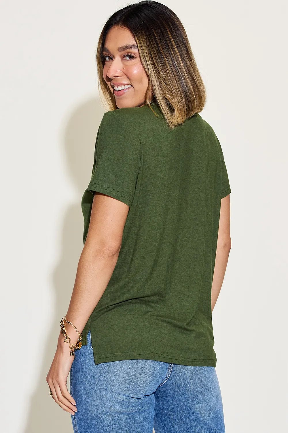 Basic Bae Full Size V - Neck High - Low T-Shirt designed for comfort and style at Lookzlike