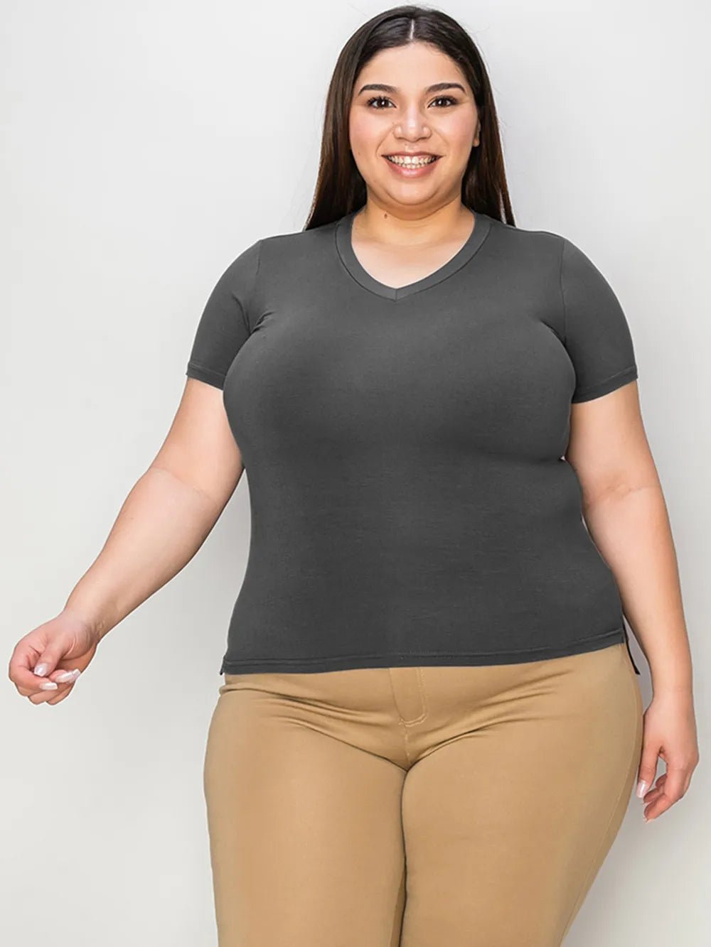 Basic Bae Full Size V - Neck High - Low T-Shirt designed for comfort and style at Lookzlike